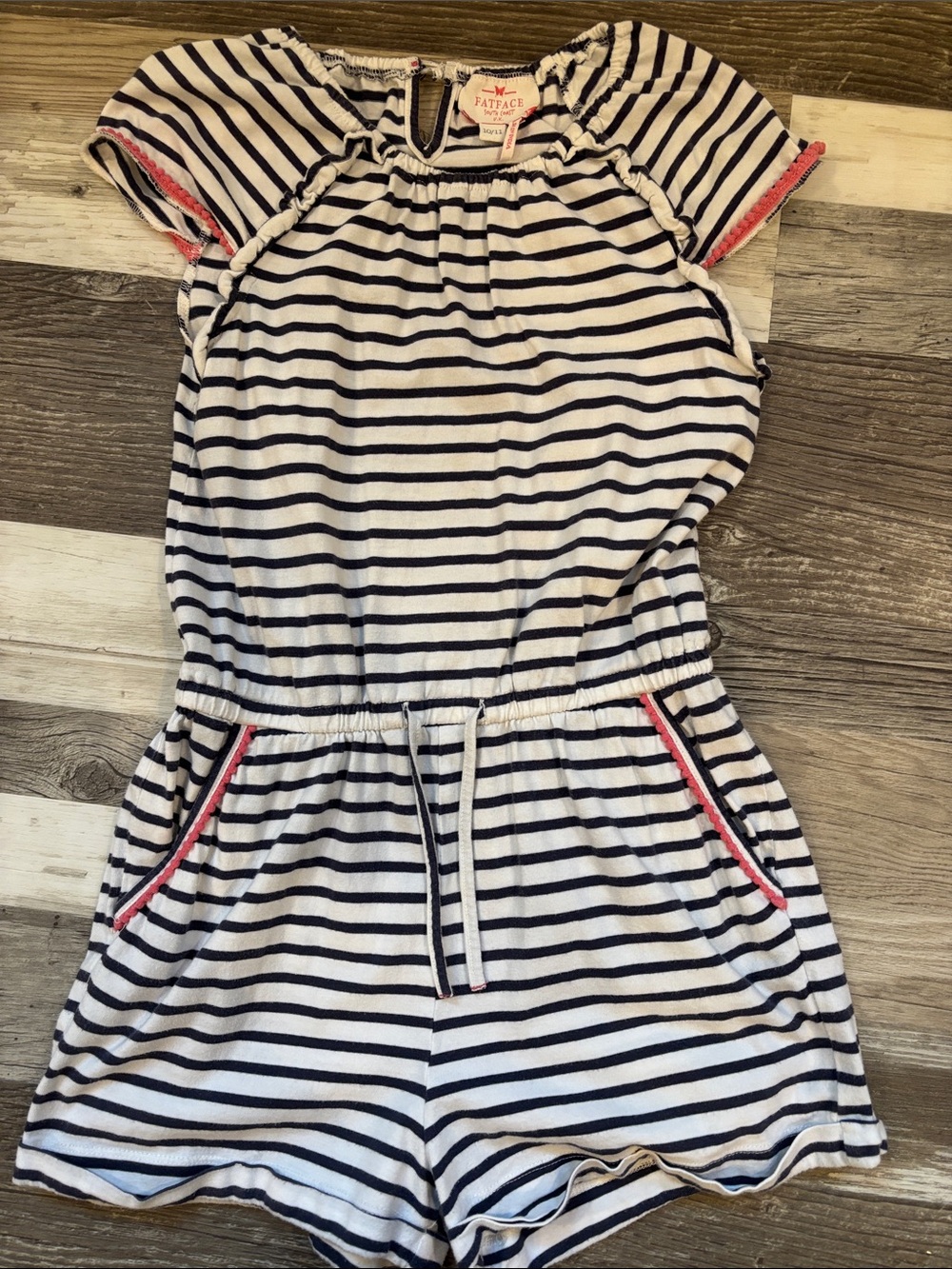 Fat Face White and Navy Striped Girls' Romper with Pink Trim